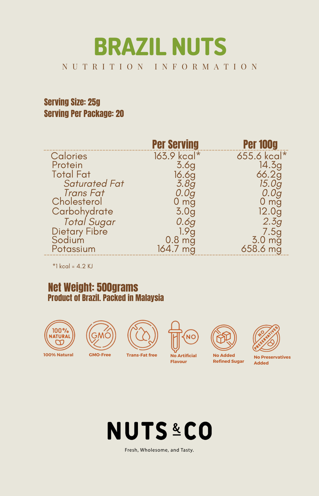 Nuts & Co Brazil Nut (Raw) Kacang Brasil 巴西坚果 Halal Ready to Eat Snack