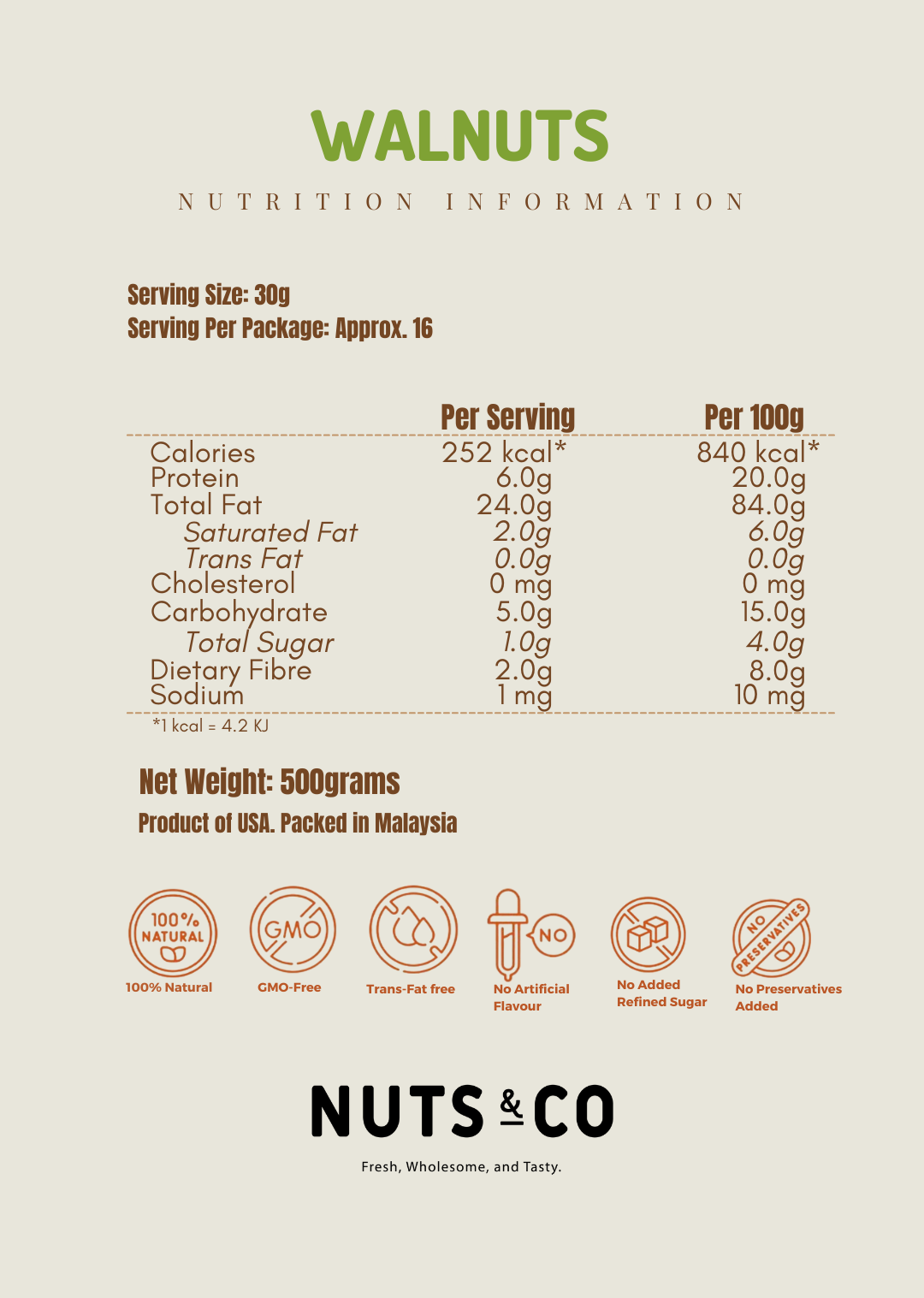 Nuts & Co Walnuts (Raw & De-shelled) / Kacang Walnut Mentah / 核桃仁