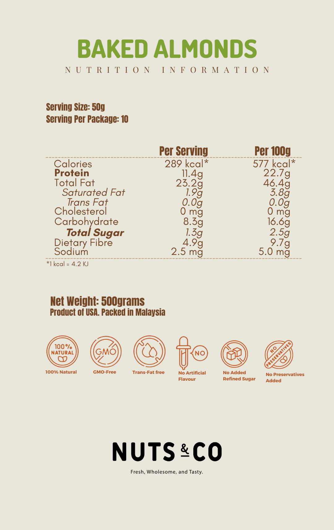 Nuts & Co USA Baked Almond (Unsalted) / Badam Panggang / 烘杏仁