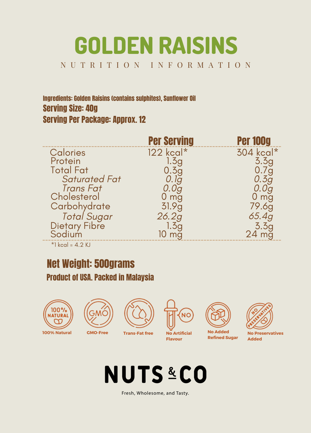 Nuts & Co USA California Golden Raisins / Kismis Emas / 特大黄金葡萄干